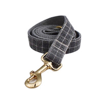 HKM-6271421 Gray Plaid Flannel Dog Collar and Leash Set with Bow and Vest
