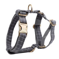 HKM-6271421 Gray Plaid Flannel Dog Collar and Leash Set with Bow and Vest