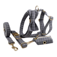 HKM-6271421 Gray Plaid Flannel Dog Collar and Leash Set with Bow and Vest