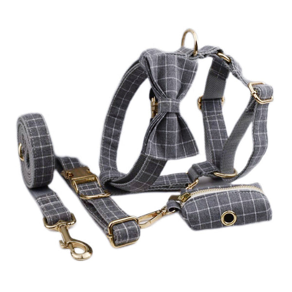HKM-6271421 Gray Plaid Flannel Dog Collar and Leash Set with Bow and Vest