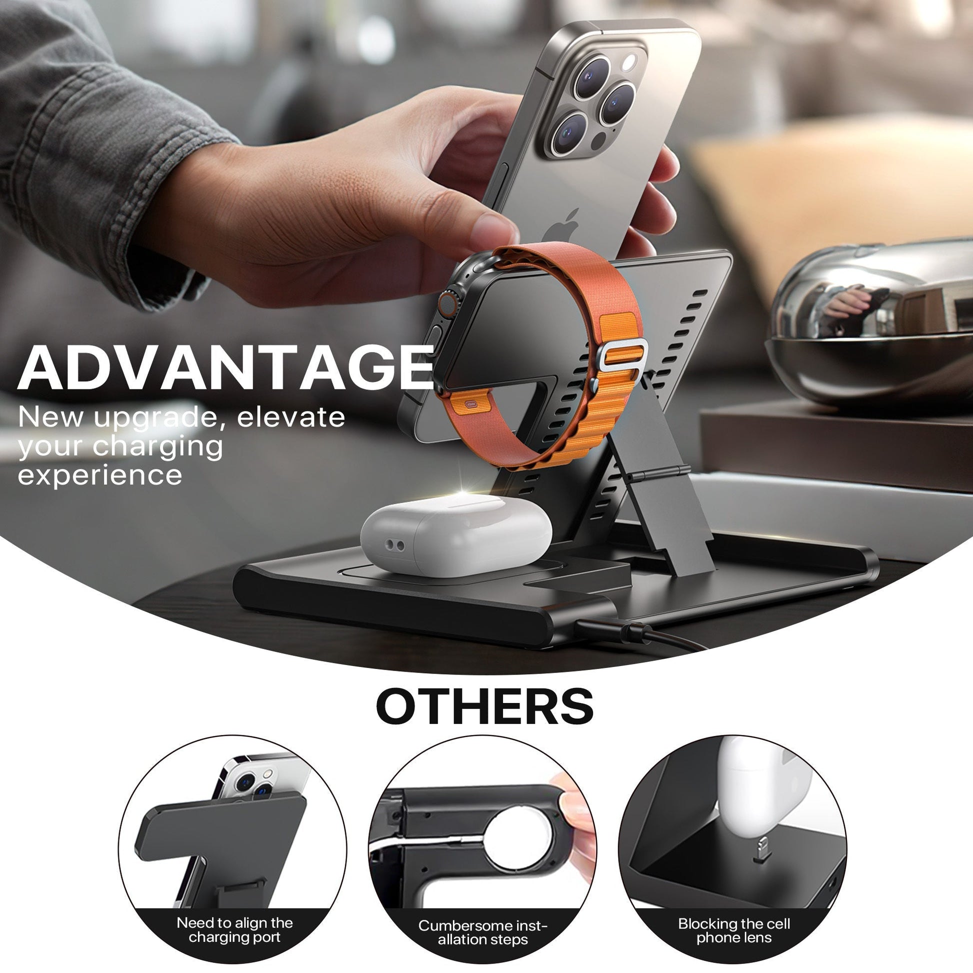 HKM-627859 3-in-1 Wireless Charging Station for Multiple Devices - Fast Charging Stand with Foldable Design