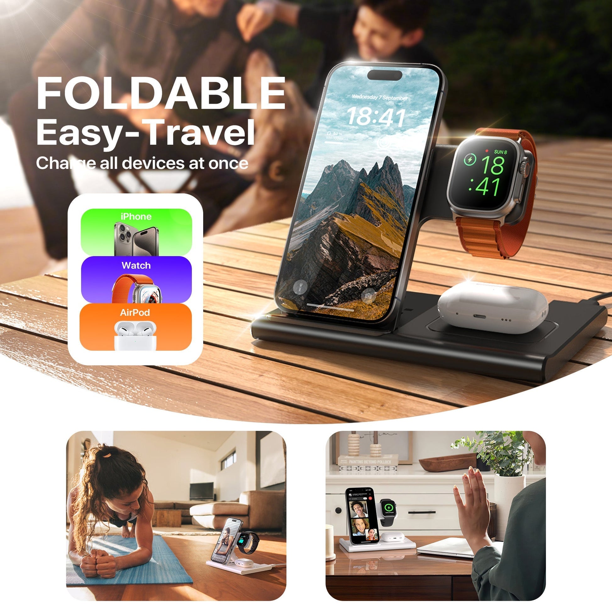 HKM-627859 3-in-1 Wireless Charging Station for Multiple Devices - Fast Charging Stand with Foldable Design