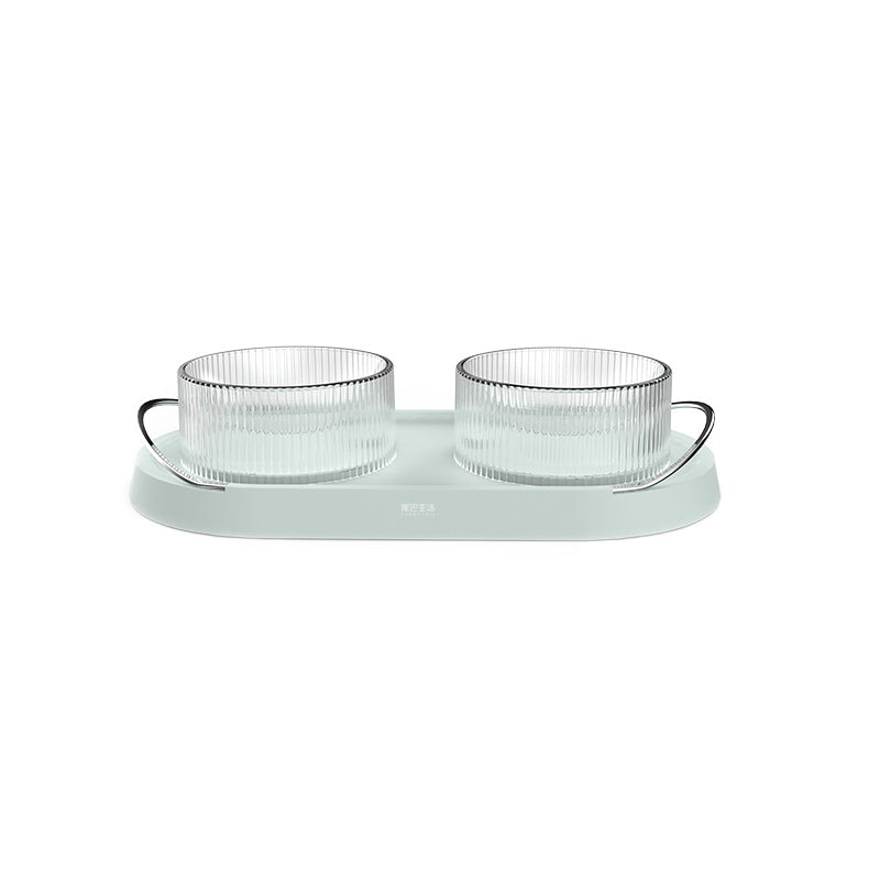 HKM-6281149 Double Cat and Dog Food Bowl in Green and White - Durable Plastic with Zinc Alloy Handle