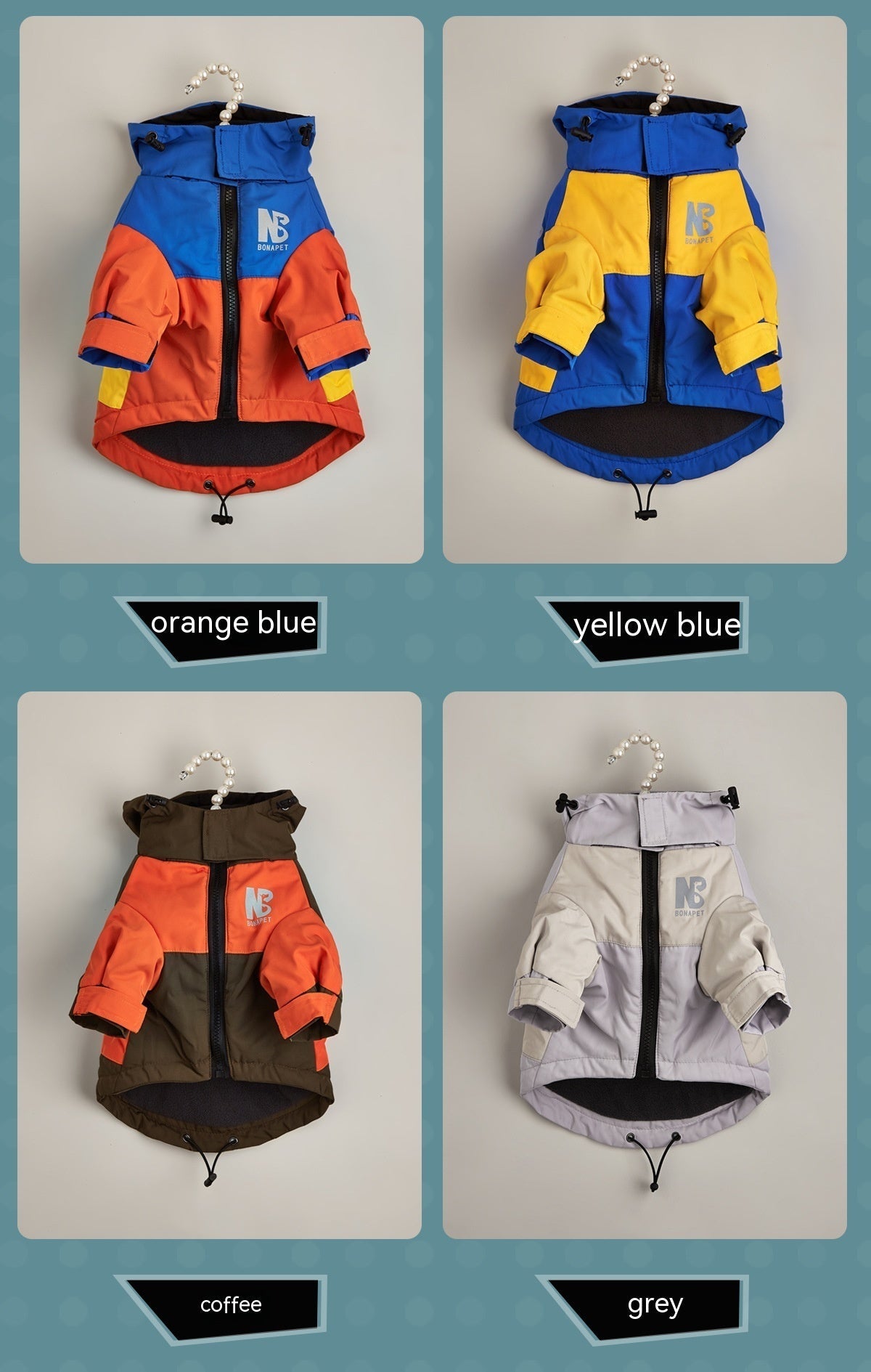 HKM-6283325 Waterproof Warm Dog Jacket for Autumn and Winter ¨C Casual Pet Raincoat in Three-Color Stitching