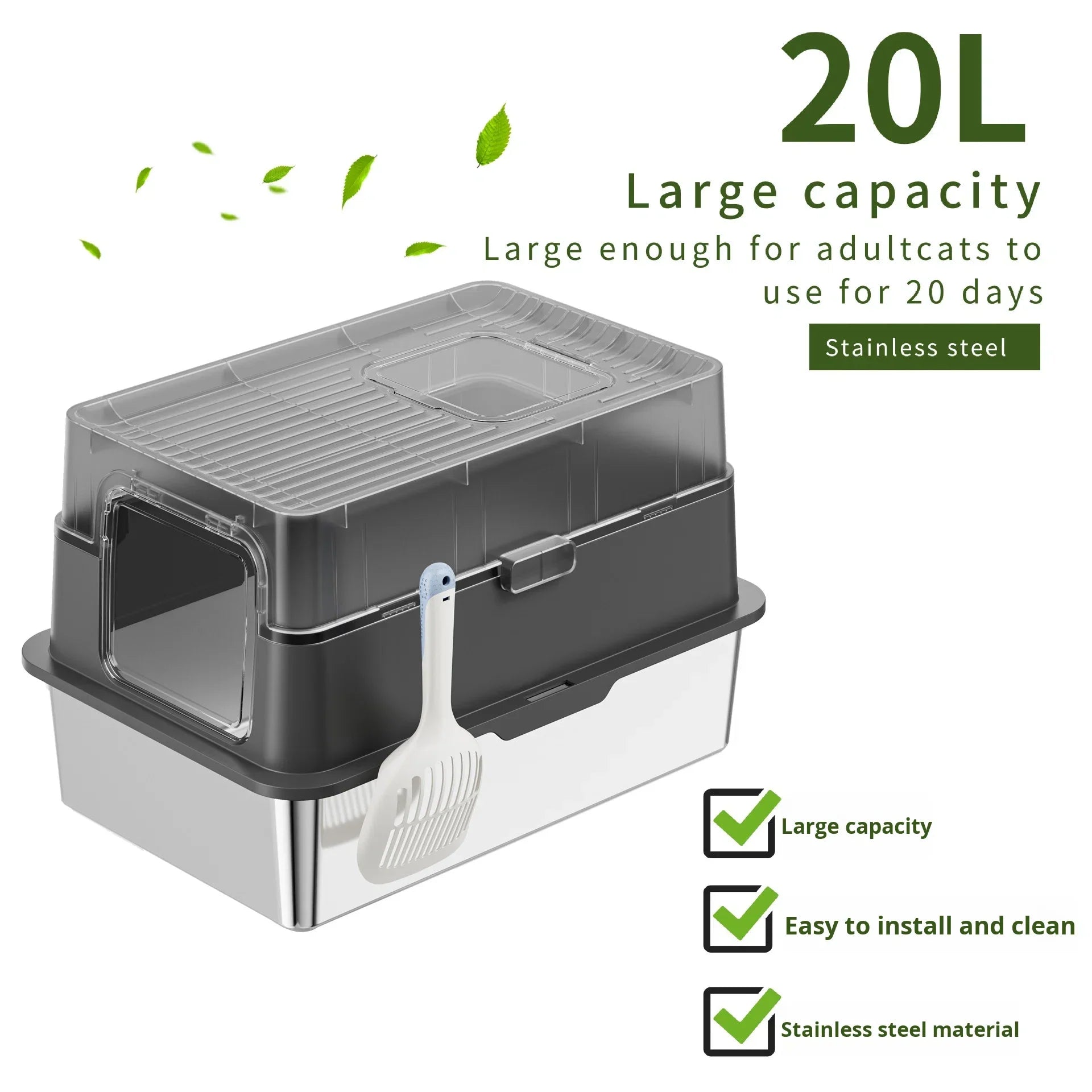 HKM-628435 Eco-Friendly 20L Stainless Steel Cat Litter Box – Easy to Clean and Foldable Design