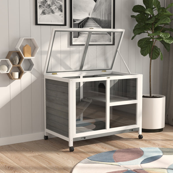 HKM-6284605 Solid Wood Outdoor Rabbit Hutch with Sleeping Room and Play Area for Small Animals
