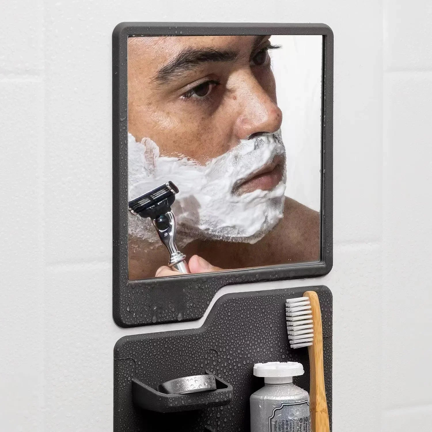 HKM-628563 Toothbrush and Razor Holder Set with Fog Resistant Silicone Shower Mirror