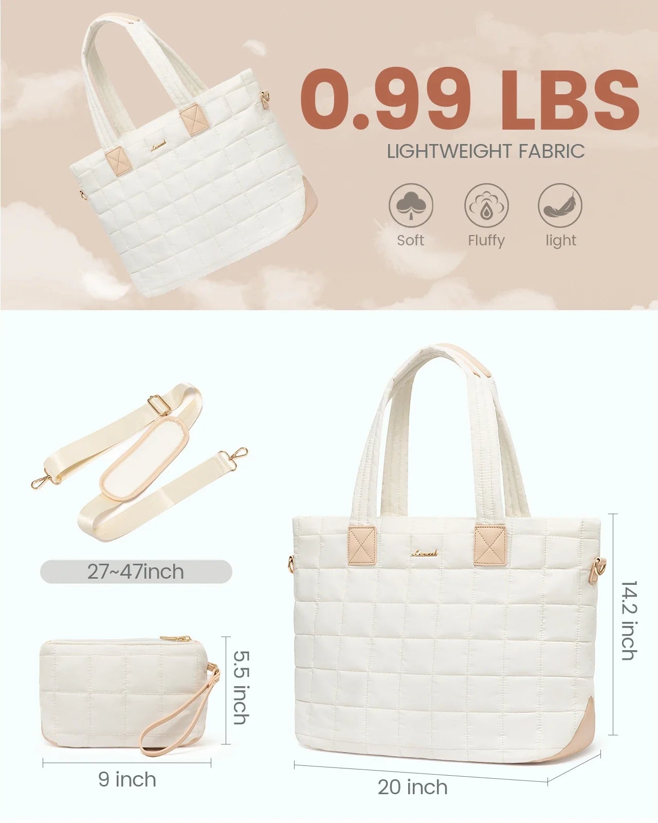 HKM-628691 Fashionable 15.6 in Waterproof Nylon Quilted Puffer Tote Shoulder Bag Set for Women