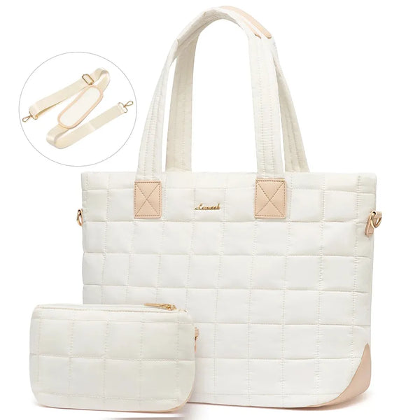 HKM-628691 Fashionable 15.6 in Waterproof Nylon Quilted Puffer Tote Shoulder Bag Set for Women