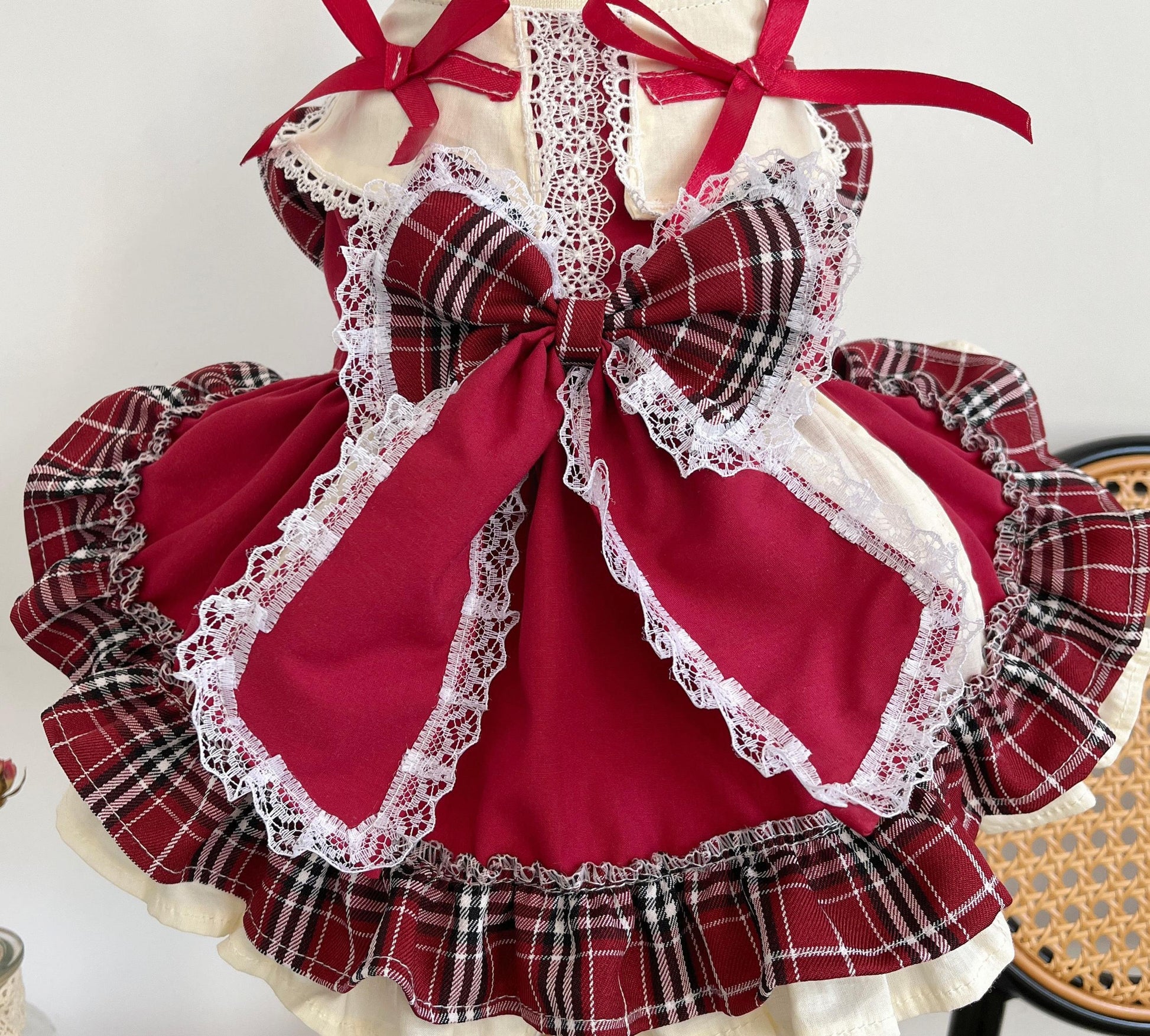HKM-6288957 Plaid Lace Princess Lolita Dress with Matching Pet Bow Hat