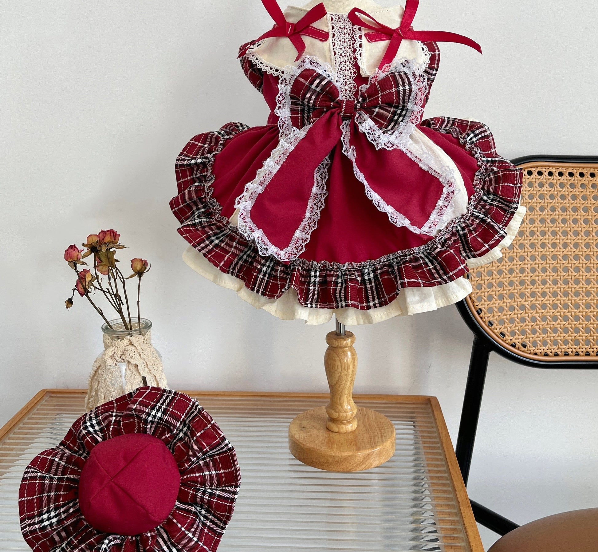 HKM-6288957 Plaid Lace Princess Lolita Dress with Matching Pet Bow Hat