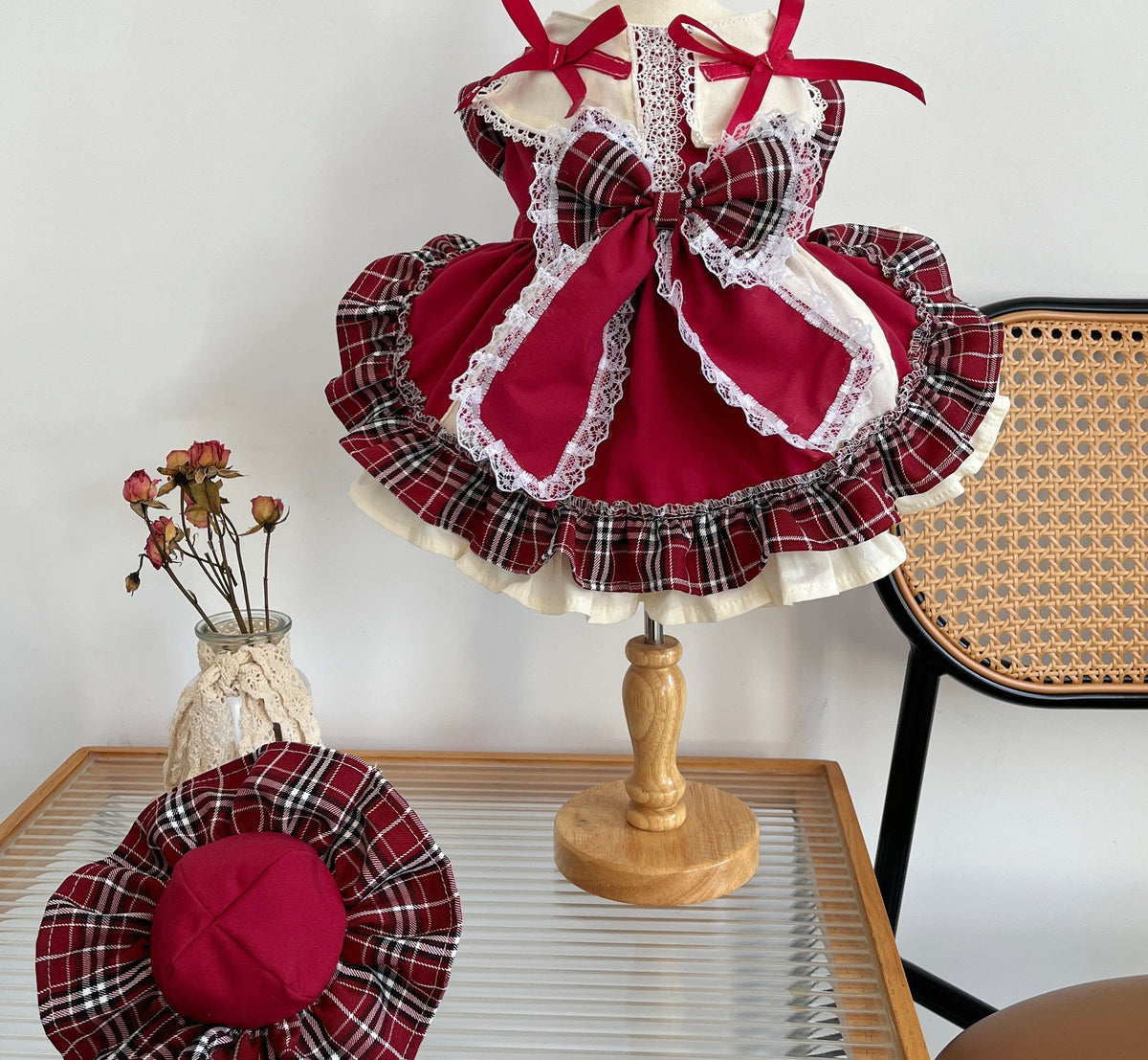 HKM-6288957 Plaid Lace Princess Lolita Dress with Matching Pet Bow Hat