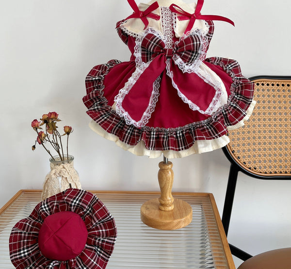 HKM-6288957 Plaid Lace Princess Lolita Dress with Matching Pet Bow Hat