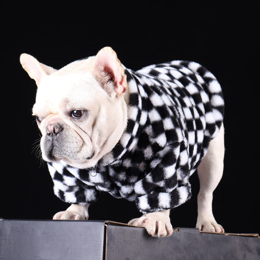 HKM-6289085 Checkerboard Plaid Plush Dog Coat ¨C Black & White, Fashion Casual, Various Sizes Available