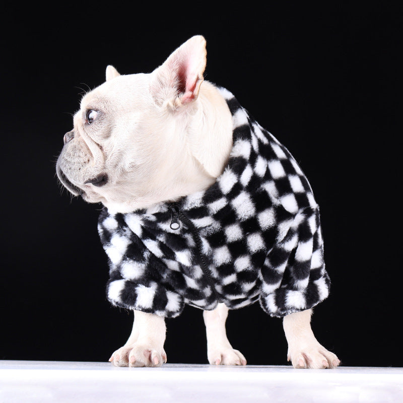 HKM-6289085 Checkerboard Plaid Plush Dog Coat ¨C Black & White, Fashion Casual, Various Sizes Available