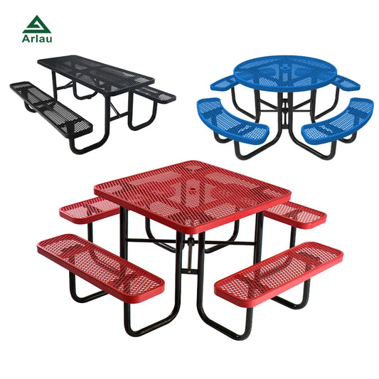 HKM-629011 Outdoor Steel Picnic Table with Umbrella Hole and Thermoplastic Coating for Commercial Use