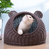 HKM-6290749 Hand-Knitted Semi-Enclosed Cat House - Imitation Rattan Nest in Various Colors and Sizes