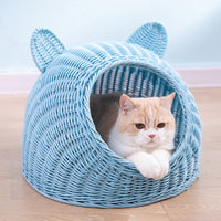 HKM-6290749 Hand-Knitted Semi-Enclosed Cat House - Imitation Rattan Nest in Various Colors and Sizes