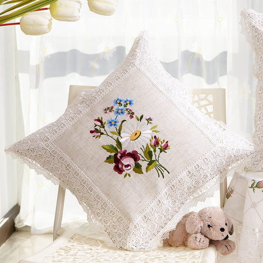 HKM-629203 European Style Lace Embroidered Tablecloth and Cushion Set, Light Gray Hemp Polyester