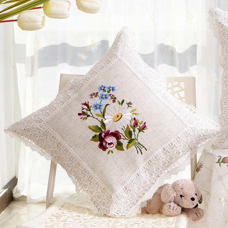 HKM-629203 European Style Lace Embroidered Tablecloth and Cushion Set, Light Gray Hemp Polyester