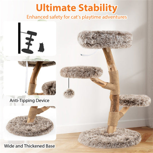 HKM-6295741 Multi-Level Natural Pear Wood Cat Tree with Sisal Scratching Posts and Plush Balls