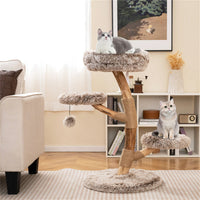 HKM-6295741 Multi-Level Natural Pear Wood Cat Tree with Sisal Scratching Posts and Plush Balls