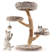 HKM-6295741 Multi-Level Natural Pear Wood Cat Tree with Sisal Scratching Posts and Plush Balls
