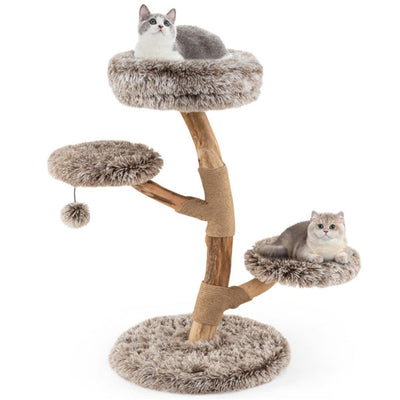 HKM-6295741 Multi-Level Natural Pear Wood Cat Tree with Sisal Scratching Posts and Plush Balls