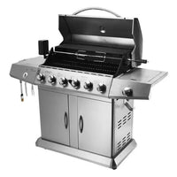 HKM-629651 6-Burner Gas BBQ Grill with Side Burner, Stainless Steel, Cast Iron Grates, and Wheels