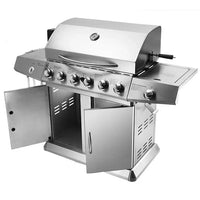 HKM-629651 6-Burner Gas BBQ Grill with Side Burner, Stainless Steel, Cast Iron Grates, and Wheels