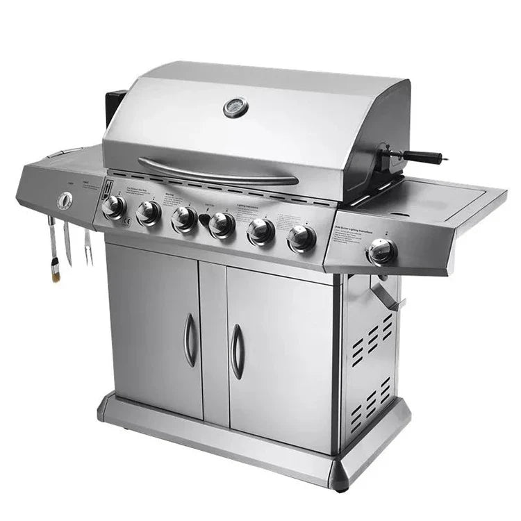 HKM-629651 6-Burner Gas BBQ Grill with Side Burner, Stainless Steel, Cast Iron Grates, and Wheels