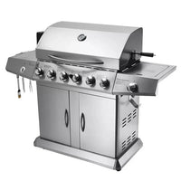 HKM-629651 6-Burner Gas BBQ Grill with Side Burner, Stainless Steel, Cast Iron Grates, and Wheels