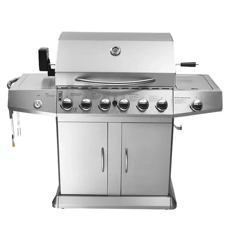 HKM-629651 6-Burner Gas BBQ Grill with Side Burner, Stainless Steel, Cast Iron Grates, and Wheels
