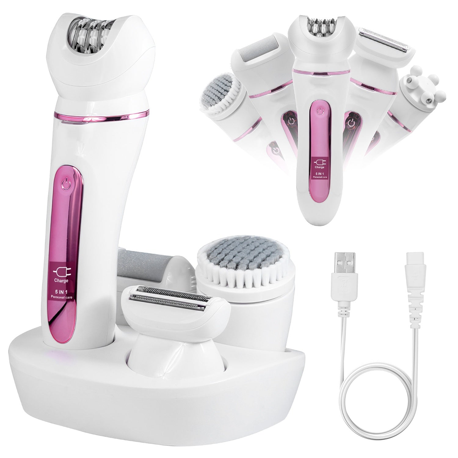 HKM-629715 5-in-1 Rechargeable Women's Grooming Kit with Epilator, Shaver, Facial Brush, Callus Remover, and Massager