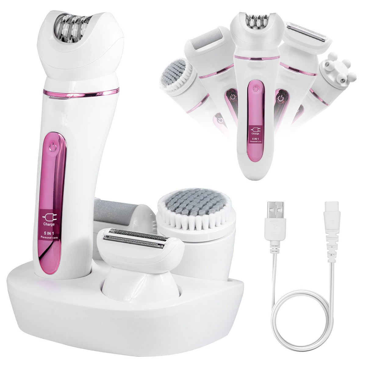 HKM-629715 5-in-1 Rechargeable Women's Grooming Kit with Epilator, Shaver, Facial Brush, Callus Remover, and Massager