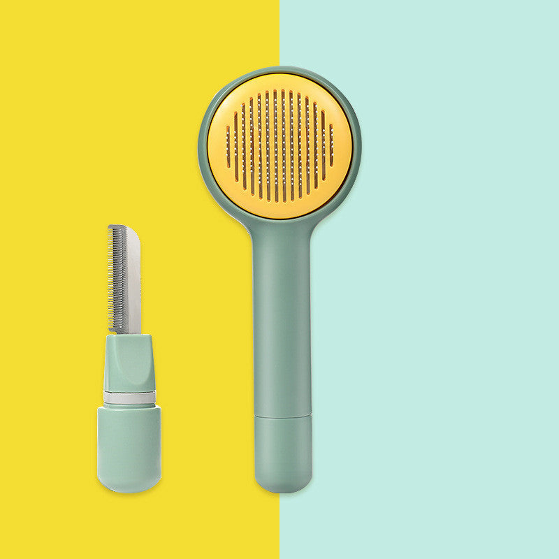 HKM-6298045 Pet Combing Brush for Cats and Dogs - Dual Comb with One-Key Hair Removal, Precise Ruler, Round Tips, Pink/White/Green