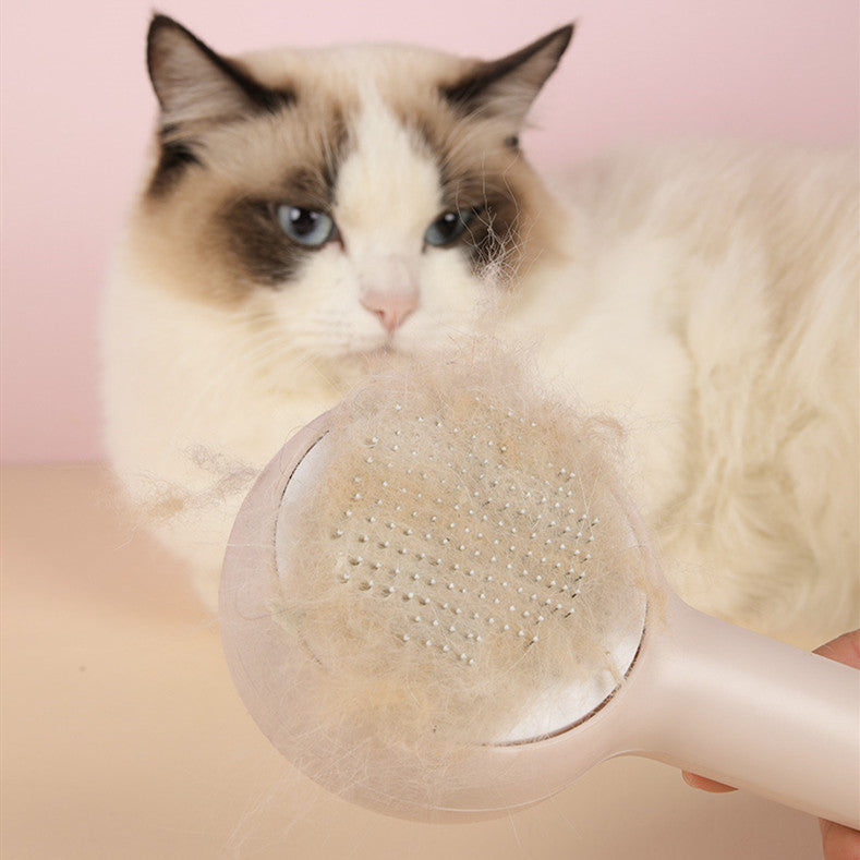 HKM-6298045 Pet Combing Brush for Cats and Dogs - Dual Comb with One-Key Hair Removal, Precise Ruler, Round Tips, Pink/White/Green
