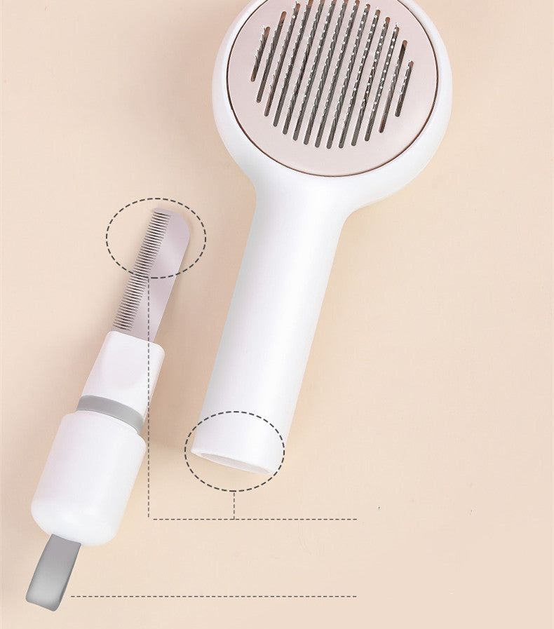 HKM-6298045 Pet Combing Brush for Cats and Dogs - Dual Comb with One-Key Hair Removal, Precise Ruler, Round Tips, Pink/White/Green