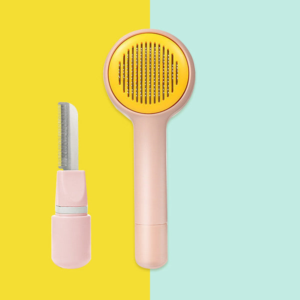 HKM-6298045 Pet Combing Brush for Cats and Dogs - Dual Comb with One-Key Hair Removal, Precise Ruler, Round Tips, Pink/White/Green
