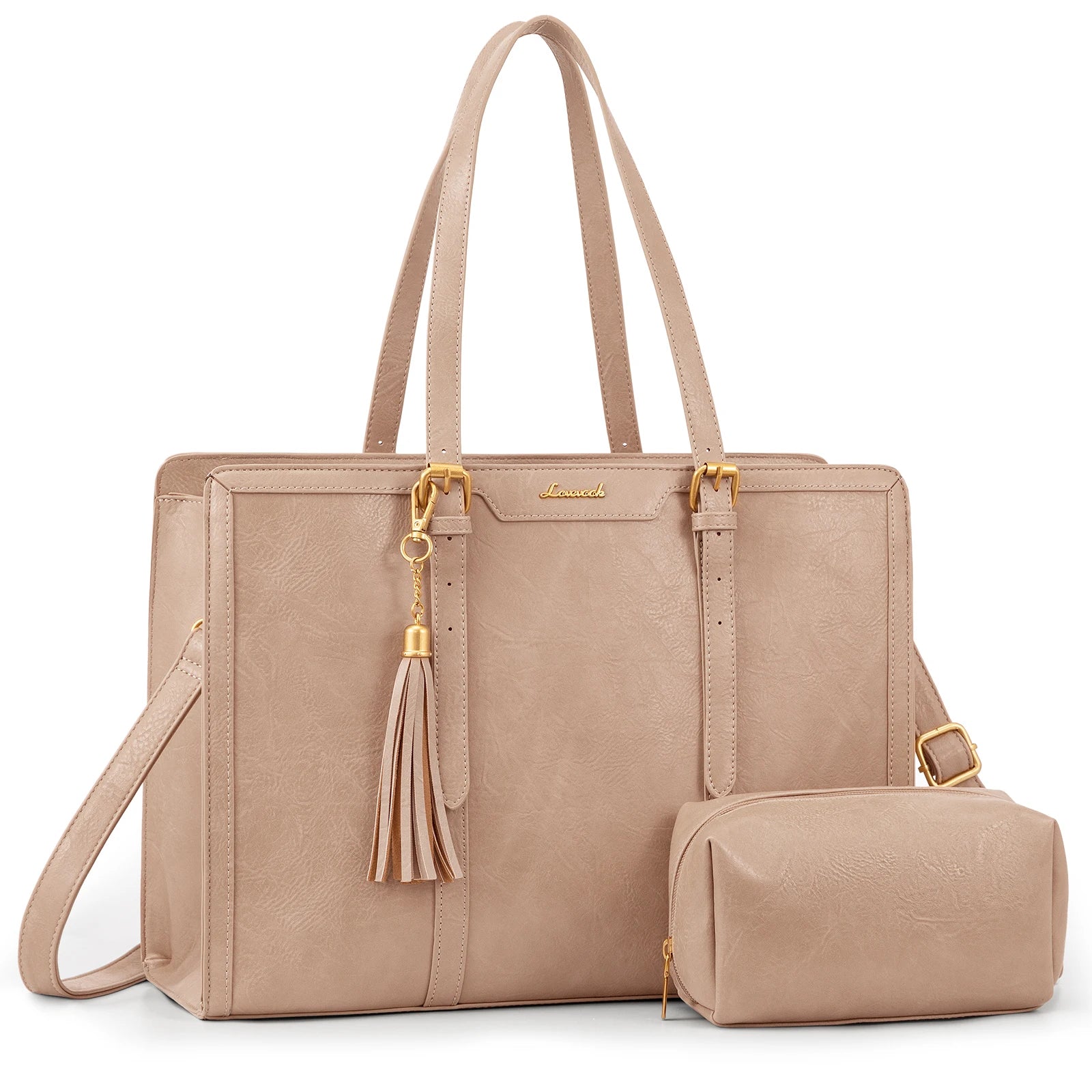 HKM-629843 Vintage Leather Laptop Tote Bag for Women with Clutch Purse – Large Capacity Travel and Work Computer Bag