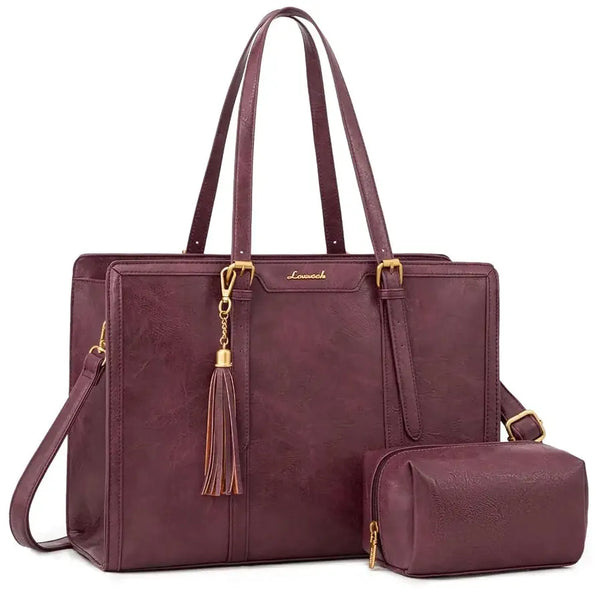 HKM-629843 Vintage Leather Laptop Tote Bag for Women with Clutch Purse – Large Capacity Travel and Work Computer Bag