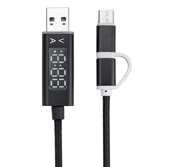HKM-630163 Nylon Braided 2-in-1 Micro USB & Type-C Charger Cable with Current & Voltage Display