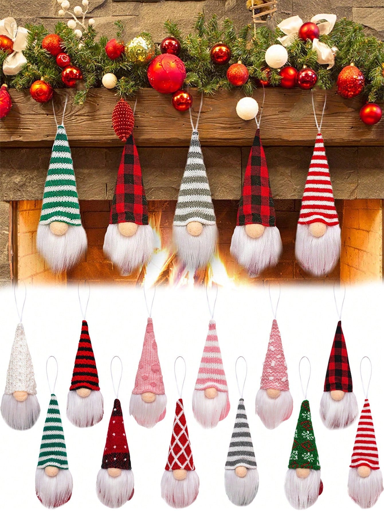 HKM-630419 12 Pcs Christmas Gnome Ornaments Set - Small Hanging Tomte Santa Decorations for Tree and Holiday Decor