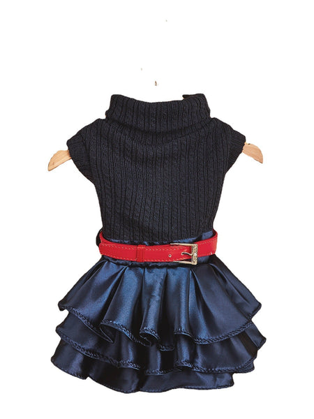 HKM-6305981 Cozy Woolen Skirt Sweater Set for Female Pets in Gray and Navy Blue