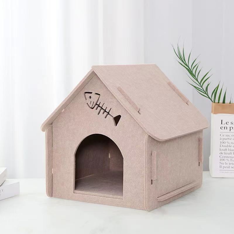 HKM-6311997 Cozy Removable Felt Cat Bed for All Seasons - Small Semi-Closed Design in Multiple Colors