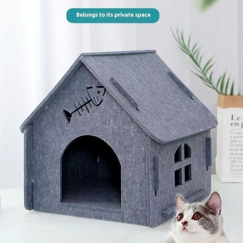 HKM-6311997 Cozy Removable Felt Cat Bed for All Seasons - Small Semi-Closed Design in Multiple Colors