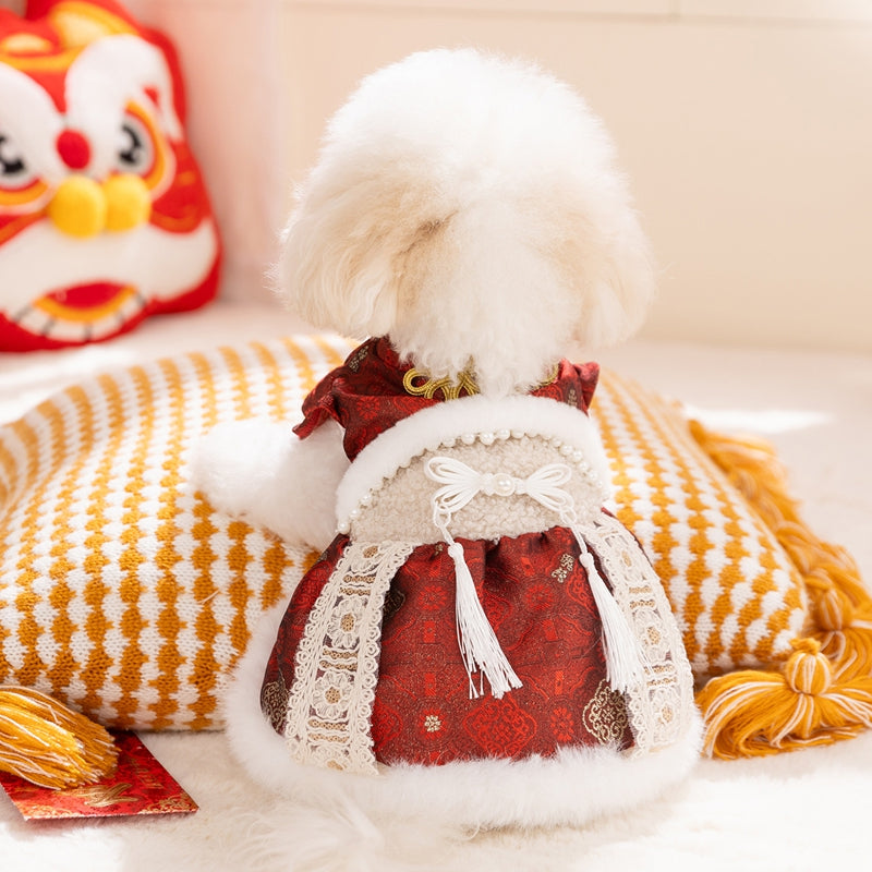 HKM-6312509 Luxury Red Qipao Pet Dress with Lace and Faux Fur Trim for Lunar New Year Celebrations