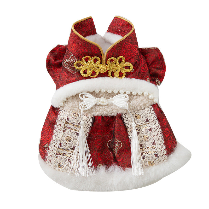 HKM-6312509 Luxury Red Qipao Pet Dress with Lace and Faux Fur Trim for Lunar New Year Celebrations
