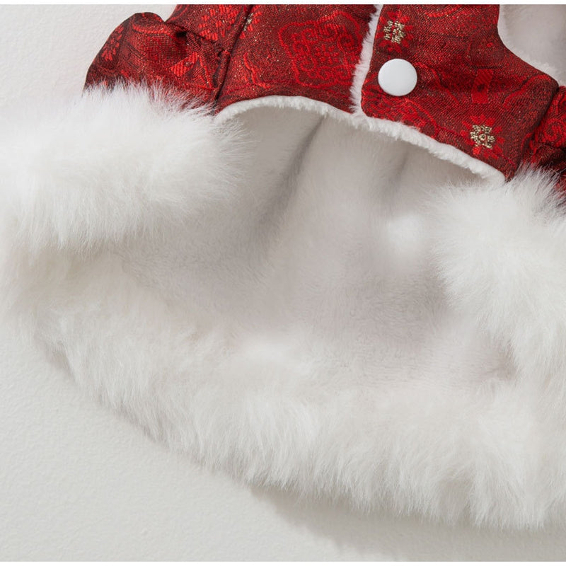 HKM-6312509 Luxury Red Qipao Pet Dress with Lace and Faux Fur Trim for Lunar New Year Celebrations
