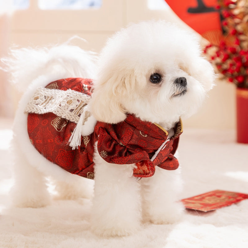 HKM-6312509 Luxury Red Qipao Pet Dress with Lace and Faux Fur Trim for Lunar New Year Celebrations